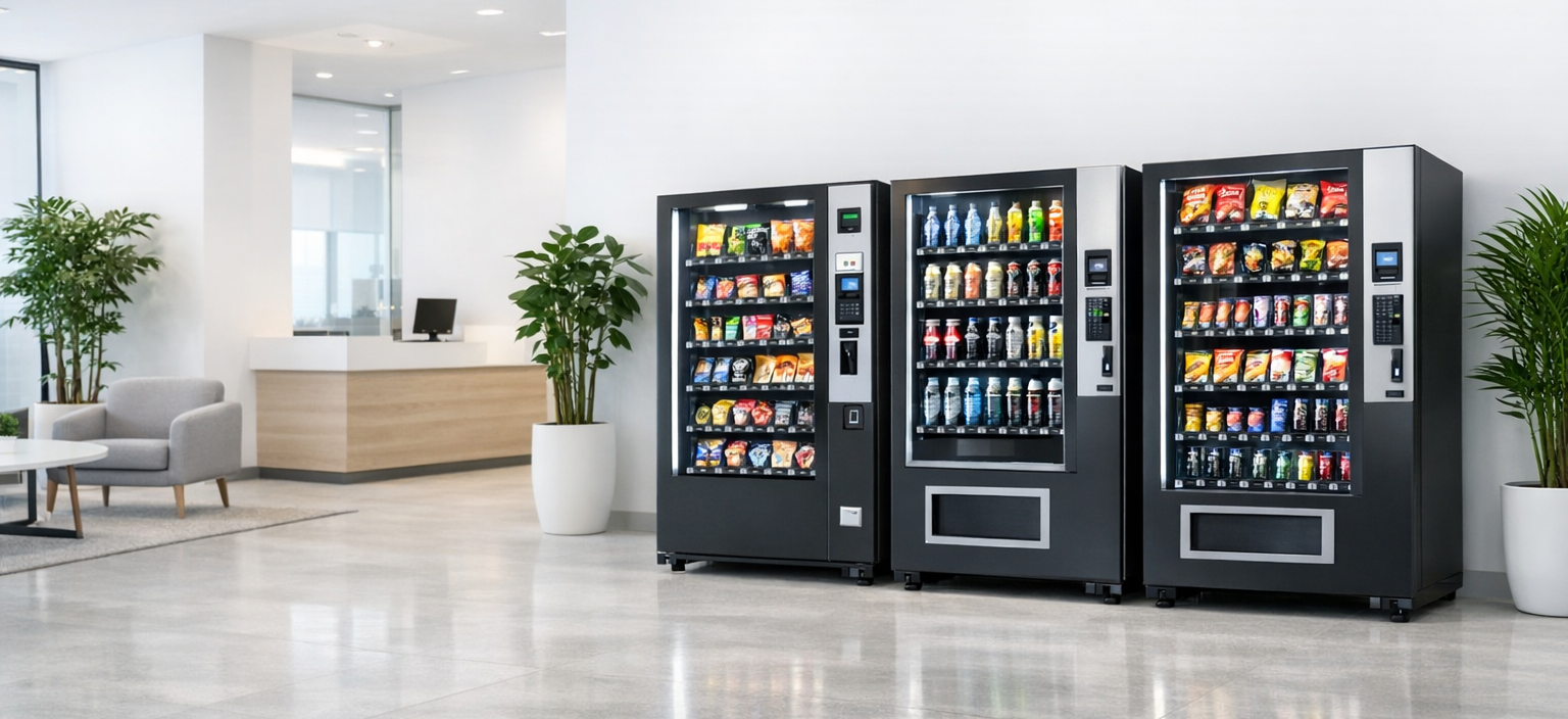 Line-up of snack, drink and combo vending machines in an Australian office lobby