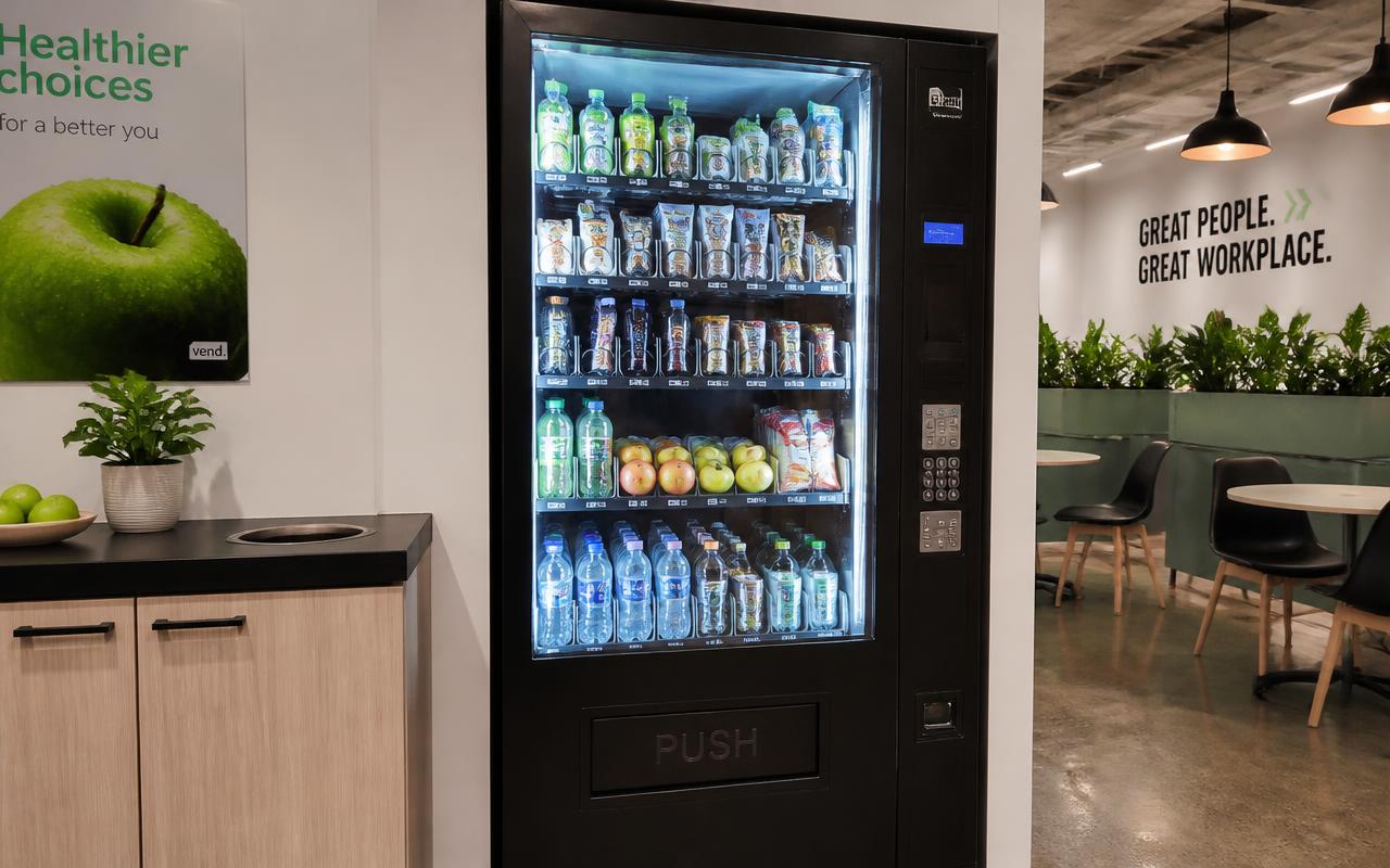 Healthy vending machine in an Australian workplace stocked with bottled water, nuts, protein bars, fruit and low-sugar drinks