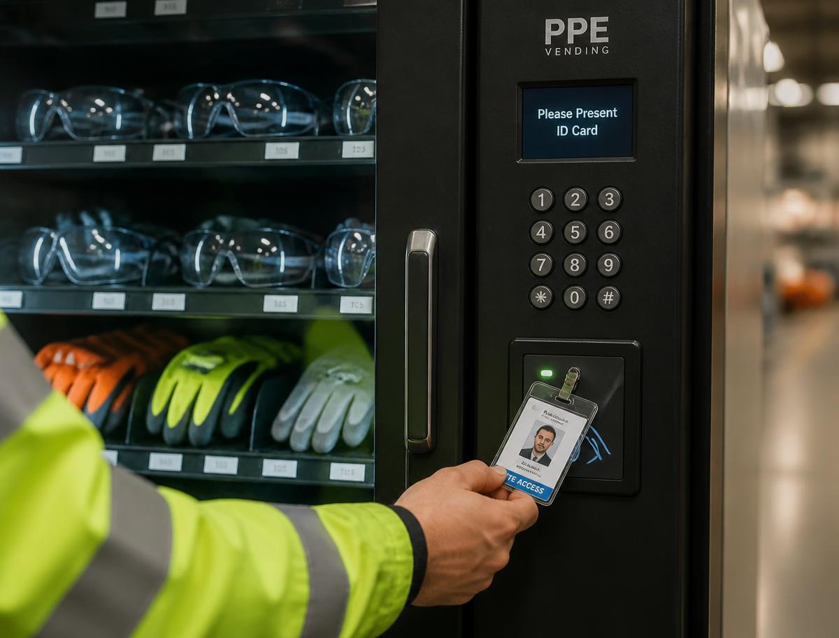 Worker in hi-vis presenting an employee ID card to a PPE vending machine card reader