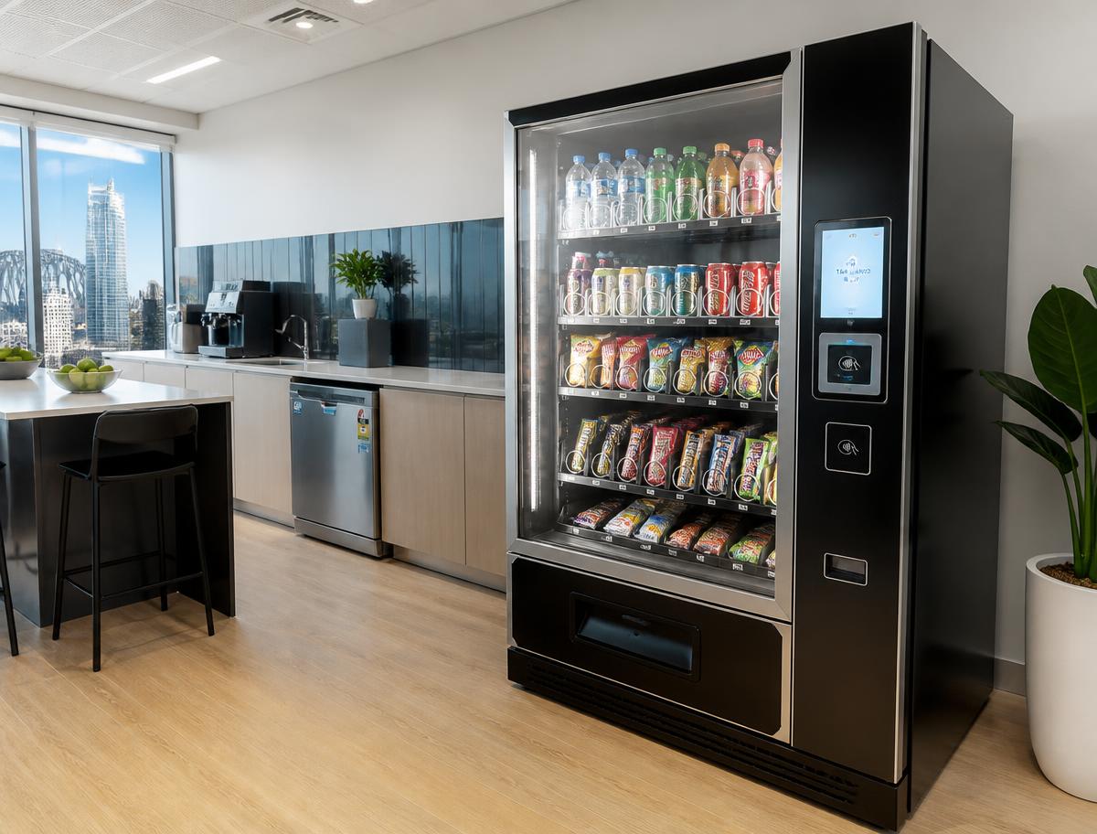 Snack and drink combo vending machine installed in an Australian office breakroom