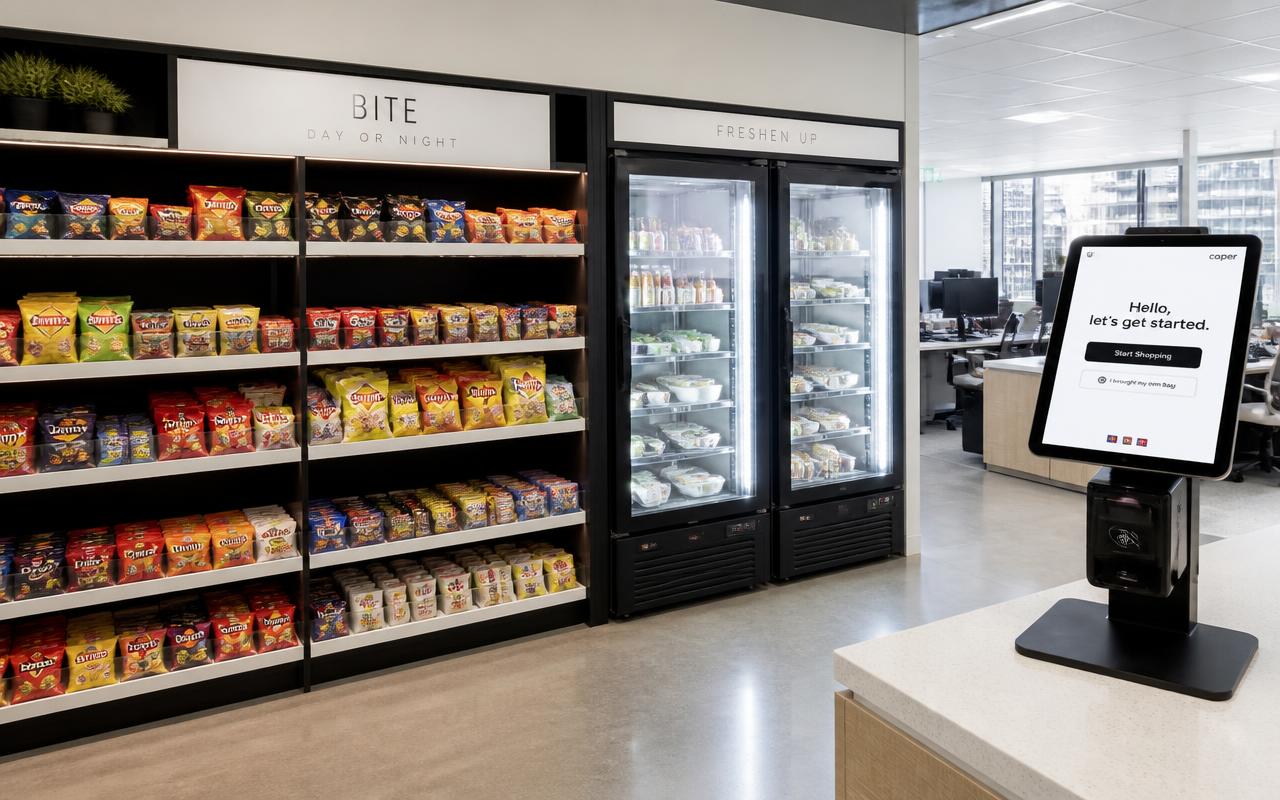 Workplace micro market with open snack shelving, glass-door fresh food fridges and a self-checkout kiosk in an Australian office