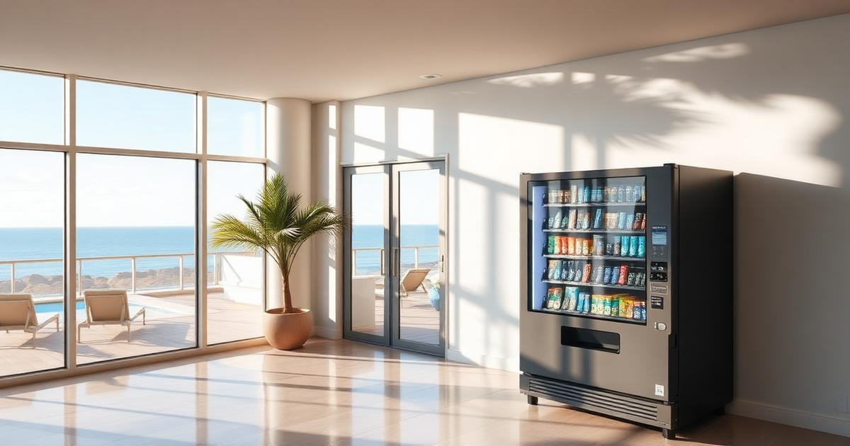 Guest lobby vending machine in a Gold Coast apartment tower serving Queensland holiday visitors with cold drinks