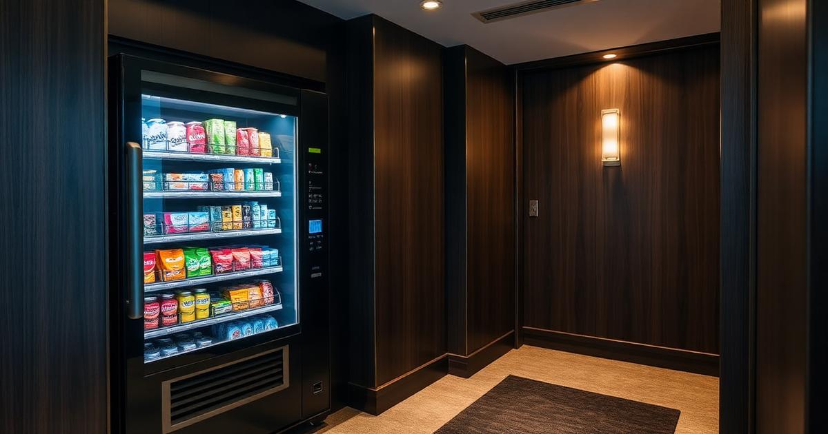 Guest floor vending machine in a Hobart hotel lift lobby serving Tasmania travellers with drinks and snacks