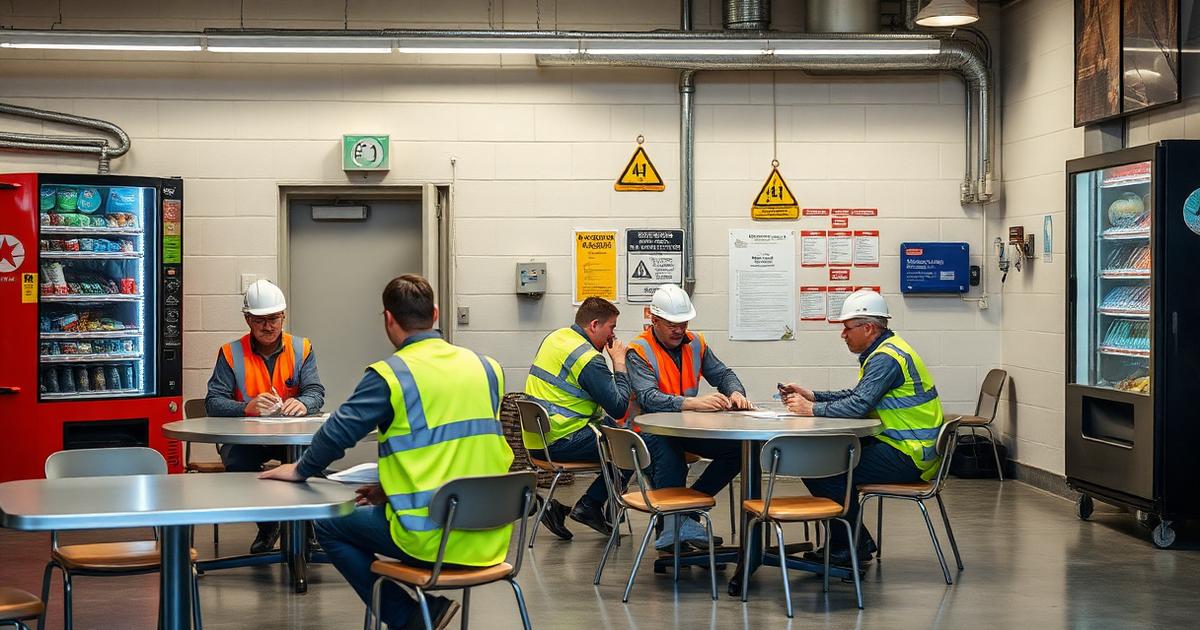 Workers on an ordinary recess break in a New South Wales industrial site lunchroom with a vending machine