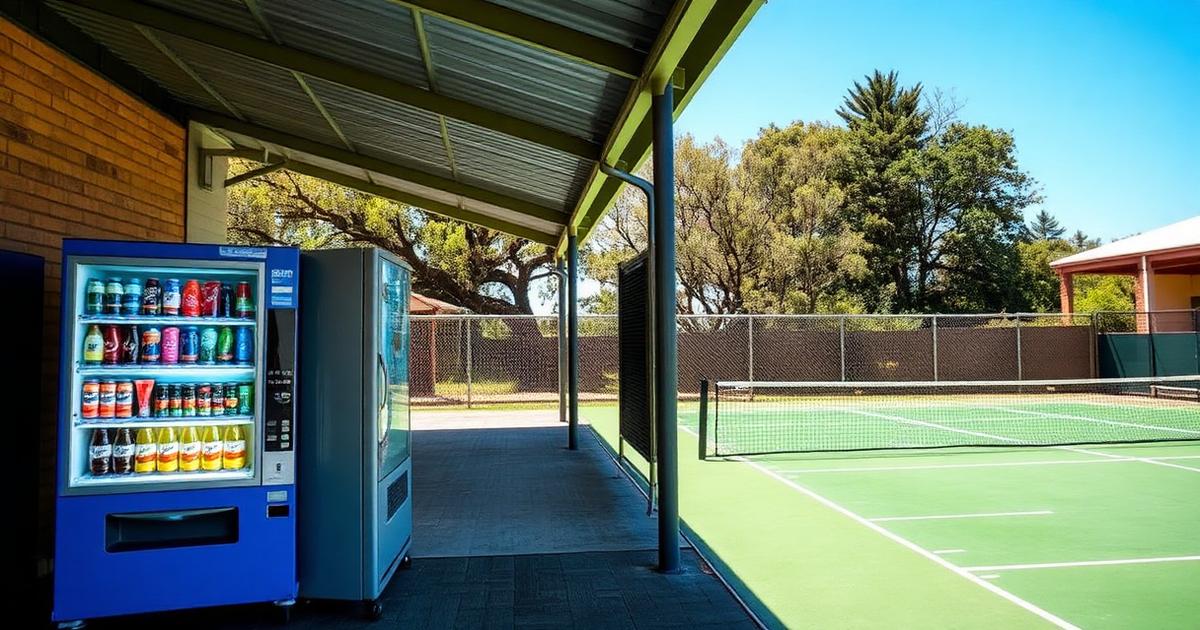 Cashless drink vending machine beside courts at a Sunshine Coast community sports club in Queensland